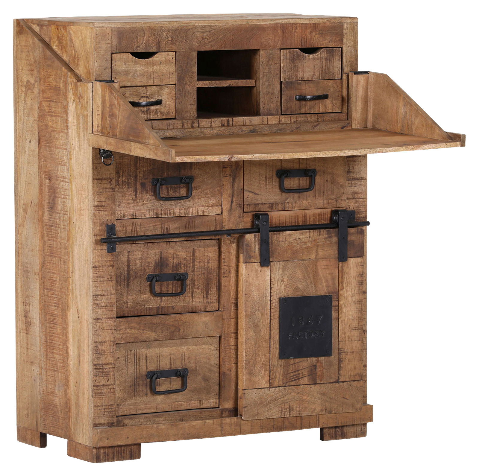 Rustikaler Sekretär aus Holz mit mehreren Schubladen und Fächern, Frontansicht