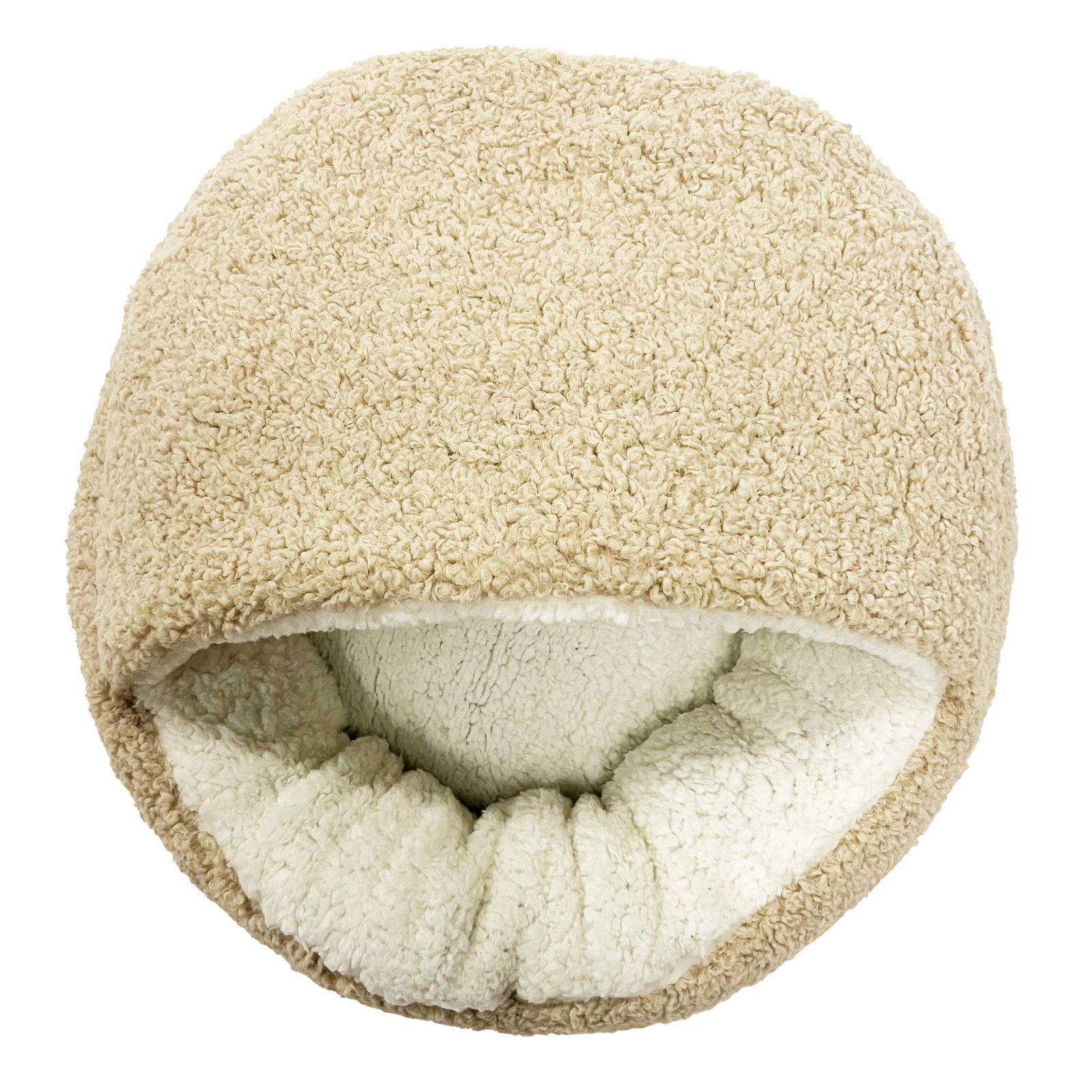 Beige Hundematte in Höhlenform aus weichem Plüschmaterial, Ansicht von oben