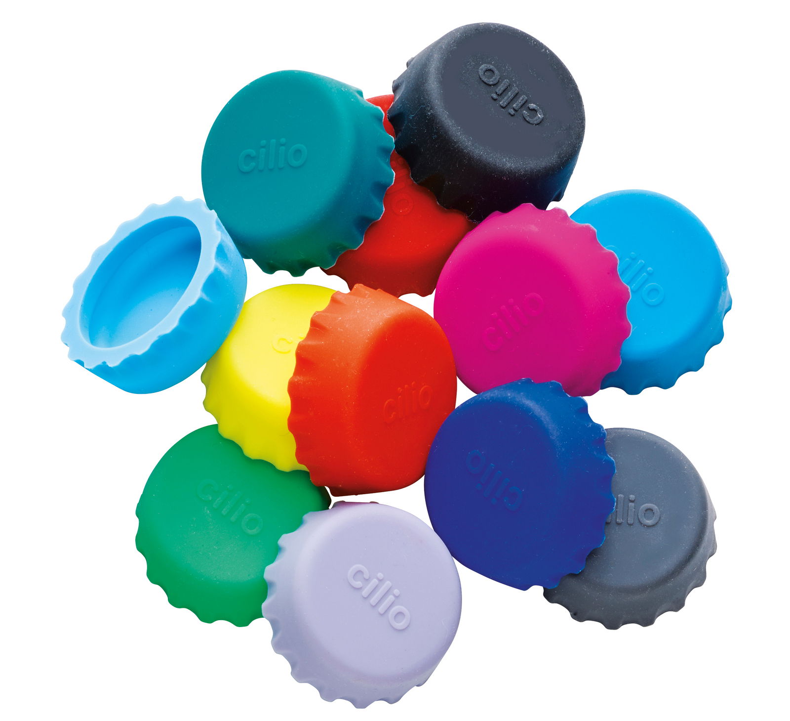 Bunte Kronkorken in verschiedenen Farben aus der Vogelperspektive.