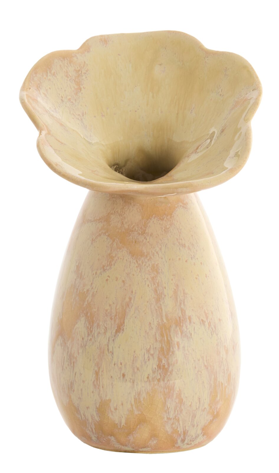 Keramikvase in sanften Beige- und Gelbtönen mit blütenförmiger Öffnung, Frontalansicht