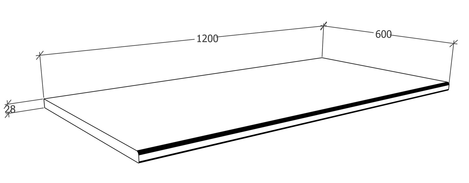 Technische 3D-Perspektivansicht einer rechteckigen Platte/Regalplatte mit Maßen 1200 x 600 mm und 28 mm Stärke