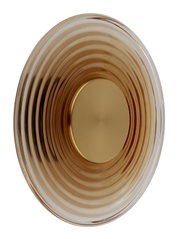 Rundes, geriffeltes Glas-Designobjekt in Amber-/Goldtönen mit zentraler goldener Scheibe, Draufsicht von oben vor weißem Hintergrund