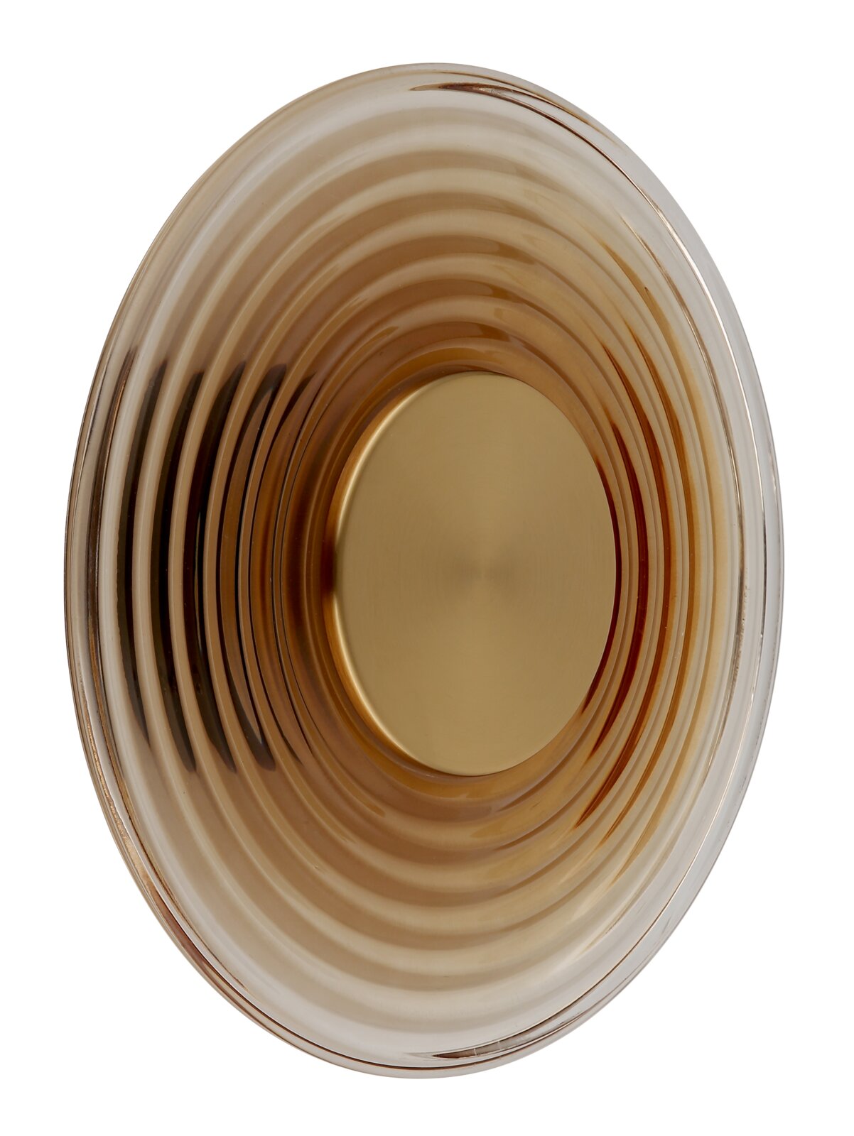 Rundes, geriffeltes Glas-Designobjekt in Amber-/Goldtönen mit zentraler goldener Scheibe, Draufsicht von oben vor weißem Hintergrund