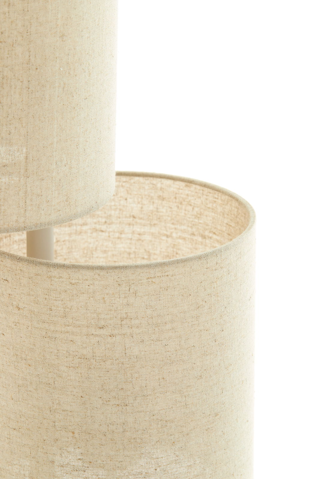 Light&Living Staande lamp BENIGNO Nahaufnahme von zwei übereinanderliegenden, zylindrischen Lampenschirmen aus beigem Stoff, seitliche Perspektive