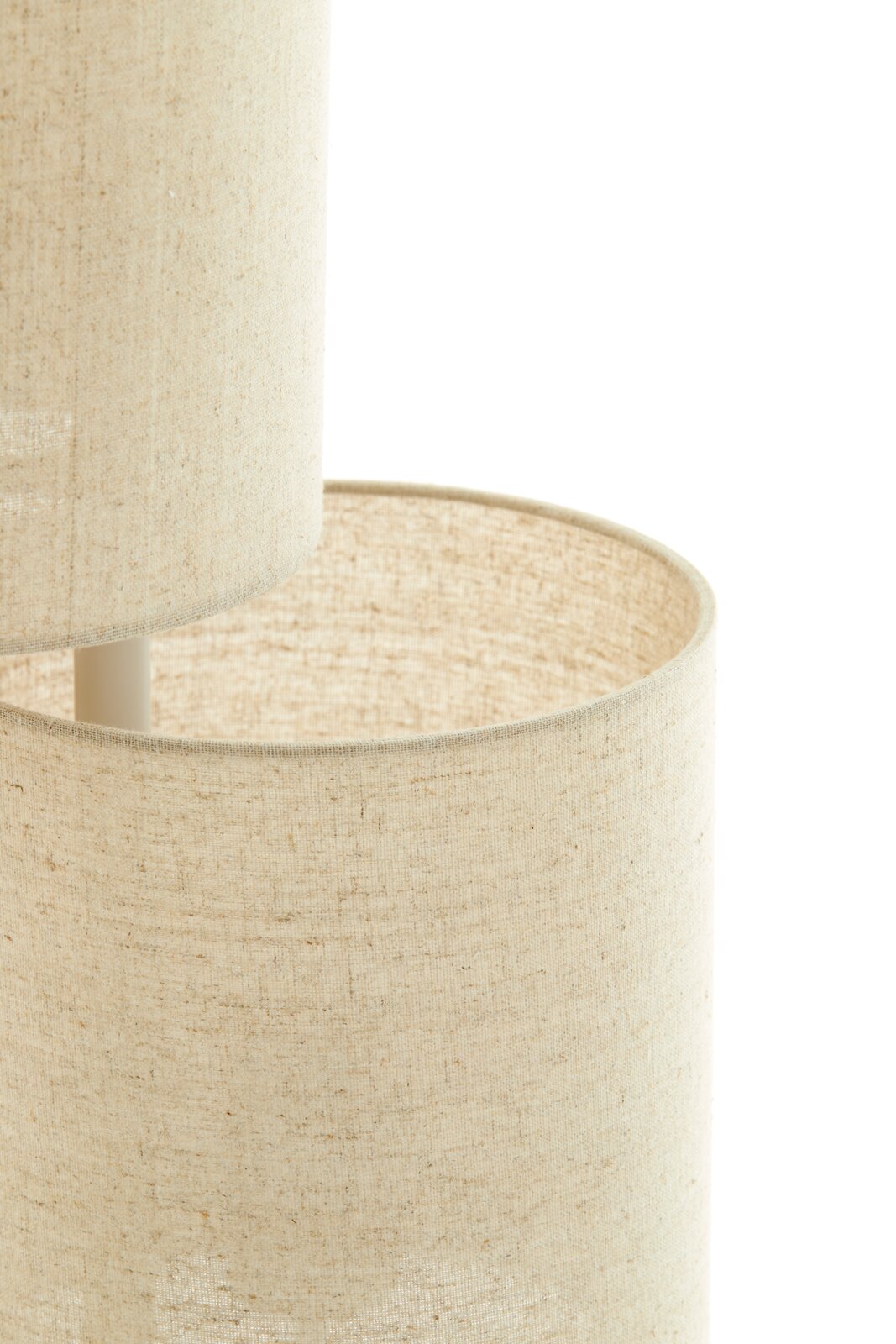 Light&Living Staande lamp BENIGNO Close-up van twee op elkaar geplaatste, cilindervormige lampenkappen van beige stof, gezien vanaf de zijkant