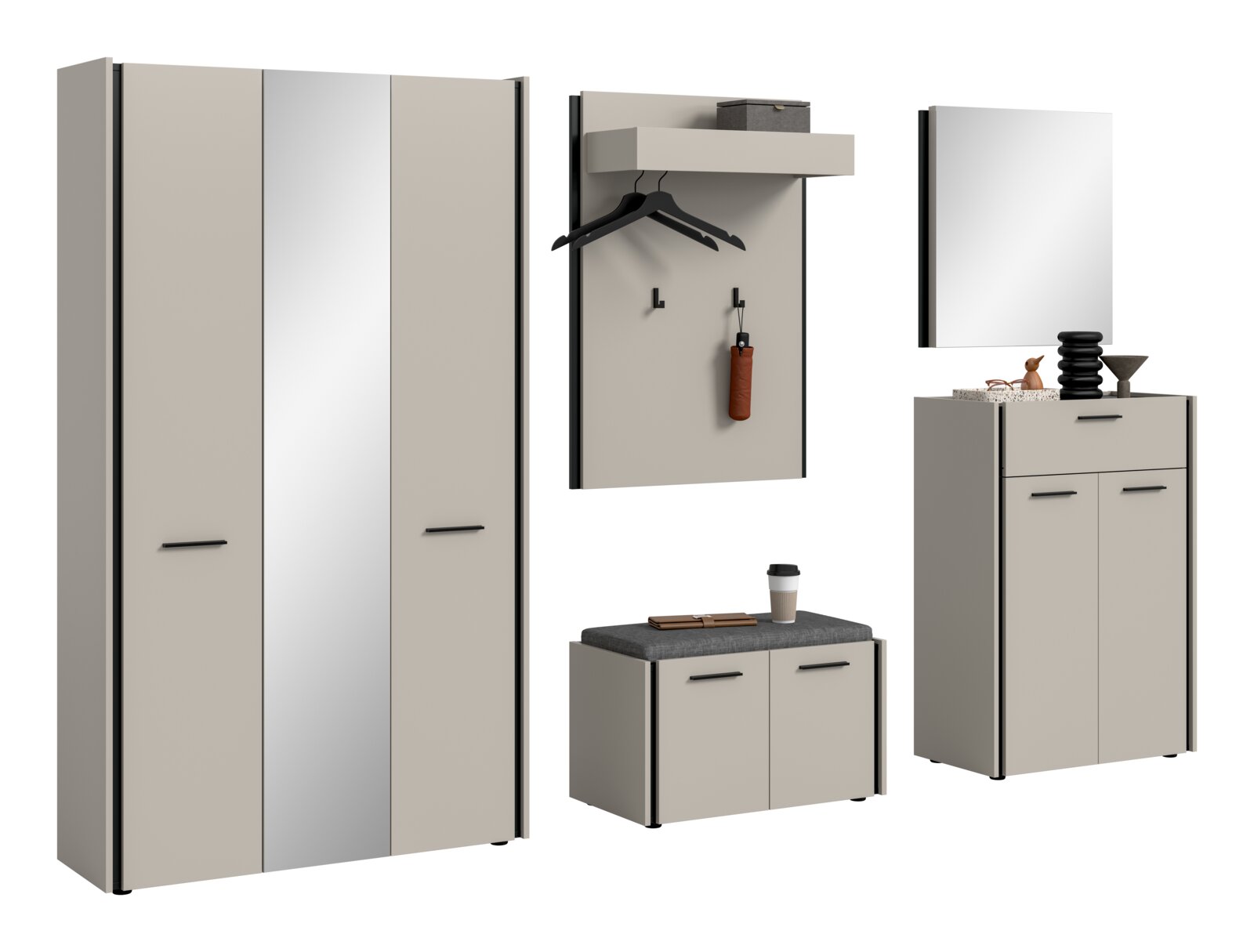 MID.YOU Garderobenkombination EMIL Moderne Garderobenmöbel-Set in Beige und Grau mit Kleiderschrank, Wandgarderobe mit Ablage und Haken, Schuhbank mit Sitzpolster sowie Kommode mit Spiegel, freigestellt auf Weiß, Perspektive: Frontansicht mit leichter Seitenansicht