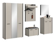 Moderne Garderobenmöbel-Set in Beige und Grau mit Kleiderschrank, Wandgarderobe mit Ablage und Haken, Schuhbank mit Sitzpolster sowie Kommode mit Spiegel, freigestellt auf Weiß, Perspektive: Frontansicht mit leichter Seitenansicht