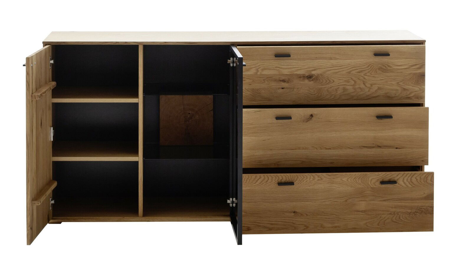 Frontale Ansicht eines Sideboards mit offenen Türen und Schubladen, Holzoptik, Modell ASSINI.