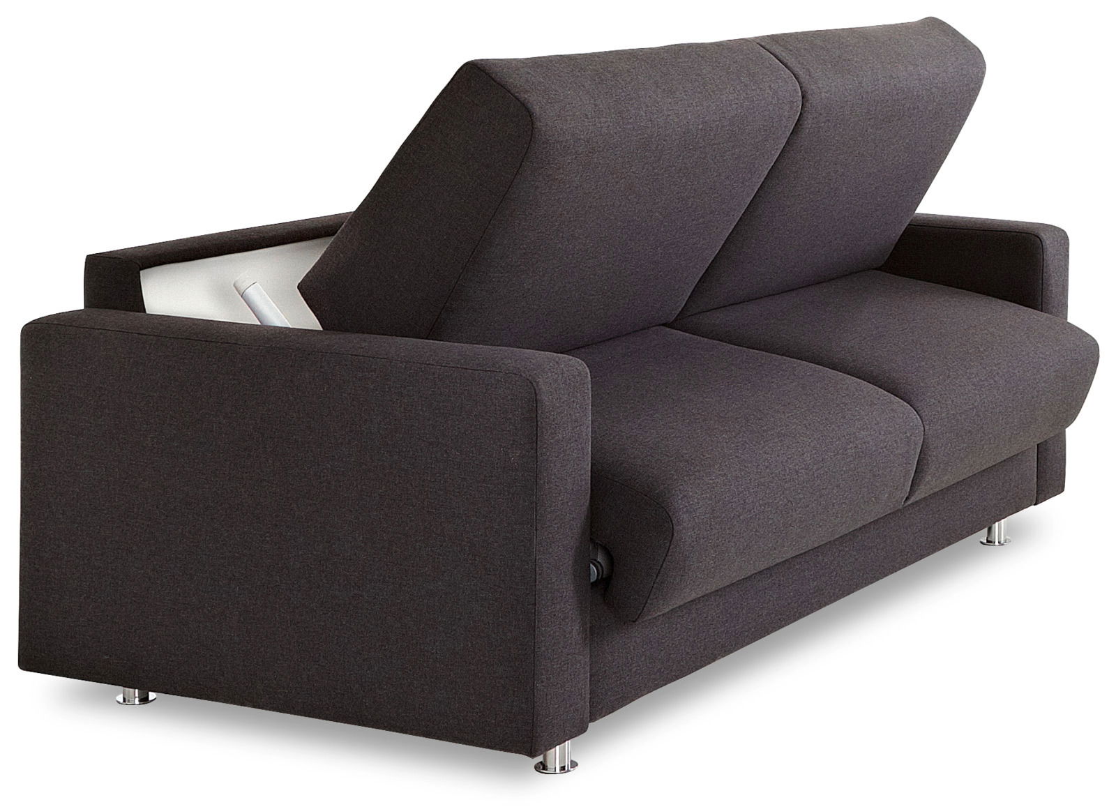 Rückansicht eines dunkelgrauen Schlafsofas mit hochgeklappter Rückenlehne und verchromten Füßen.