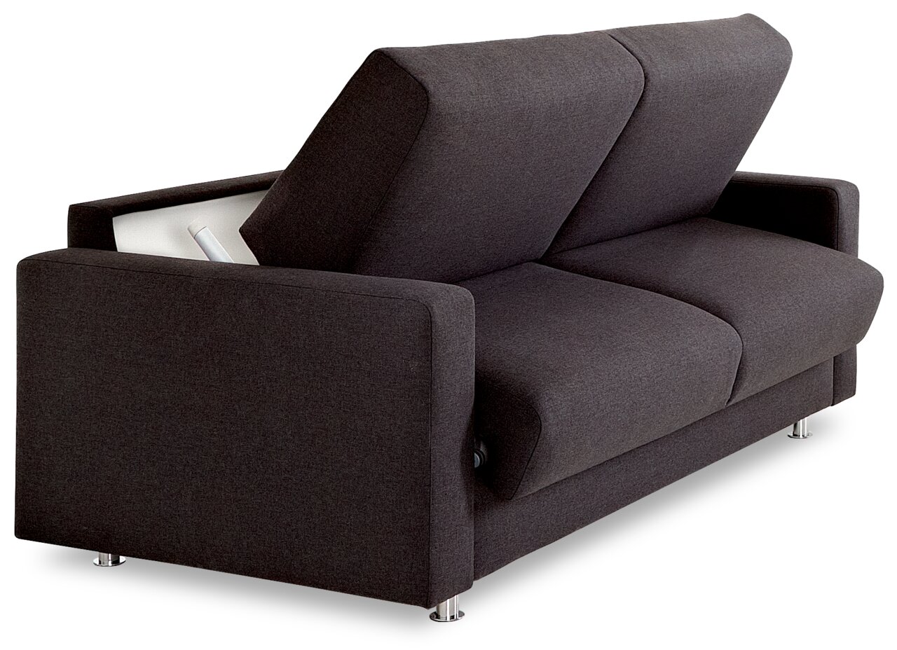 Rückansicht eines dunkelgrauen Schlafsofas mit hochgeklappter Rückenlehne und verchromten Füßen.