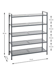Graues Metall-Regal mit 5 gelochten Ablagen, Maße 73 x 25 x 90 cm und 17,5 cm Abstand zwischen den Ebenen, freistehend auf weißem Hintergrund, schräg von vorn (3/4-Ansicht) dargestellt.
