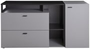 Modernes Sideboard in Grau mit zwei Schubladen und einer Tür, frontal betrachtet.