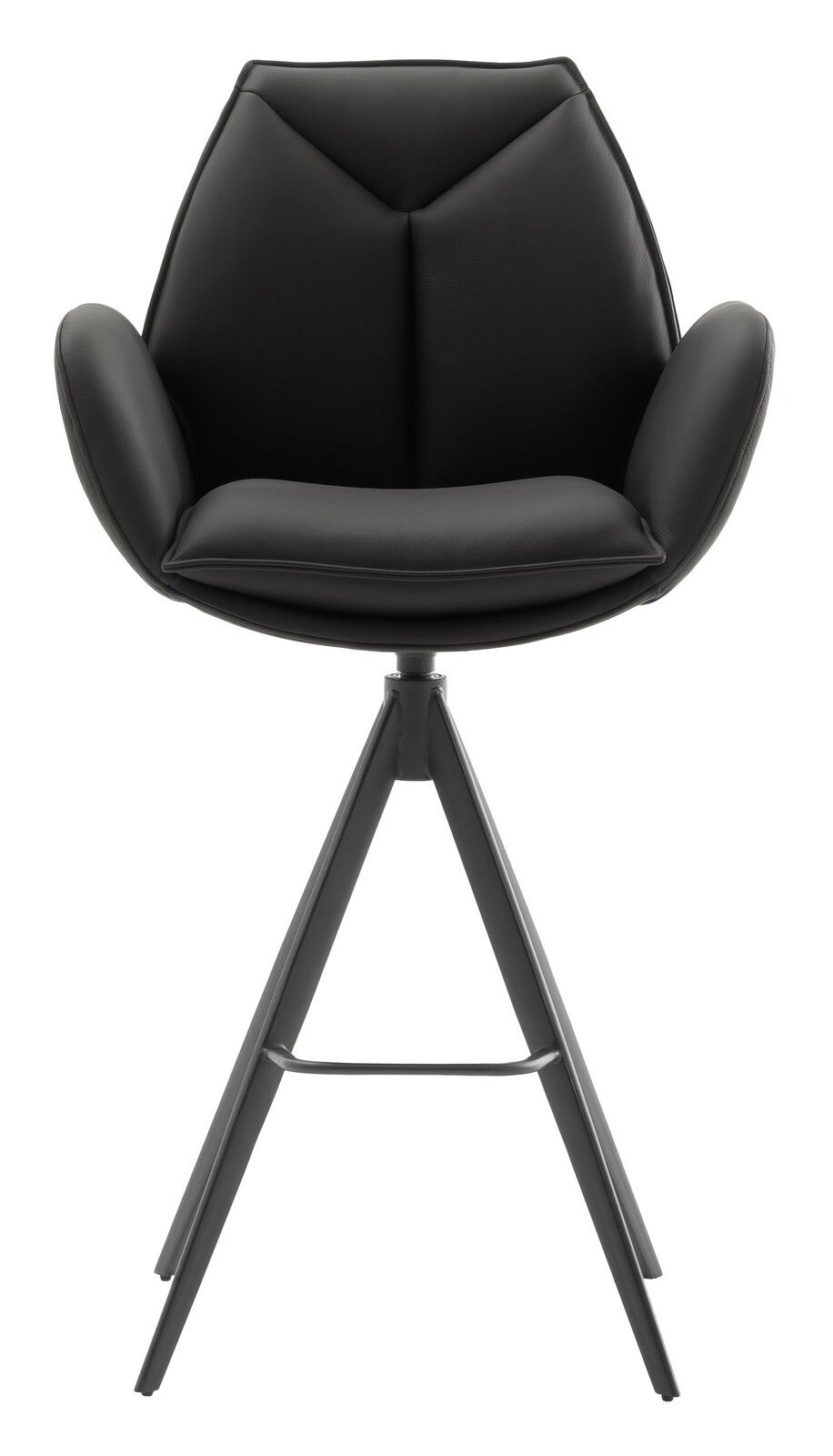 Moderner schwarzer Barstuhl mit gepolsterter Sitzfläche und Rückenlehne, Vorderansicht