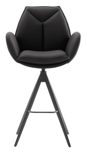Moderner schwarzer Barstuhl mit gepolsterter Sitzfläche und Rückenlehne, Vorderansicht