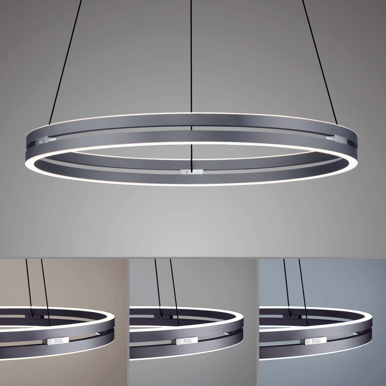 Moderne Pendelleuchte PURE-E-LOOP von Paul Neuhaus in seitlicher Perspektive, mit elegantem, ringförmigem Design und LED-Beleuchtung.