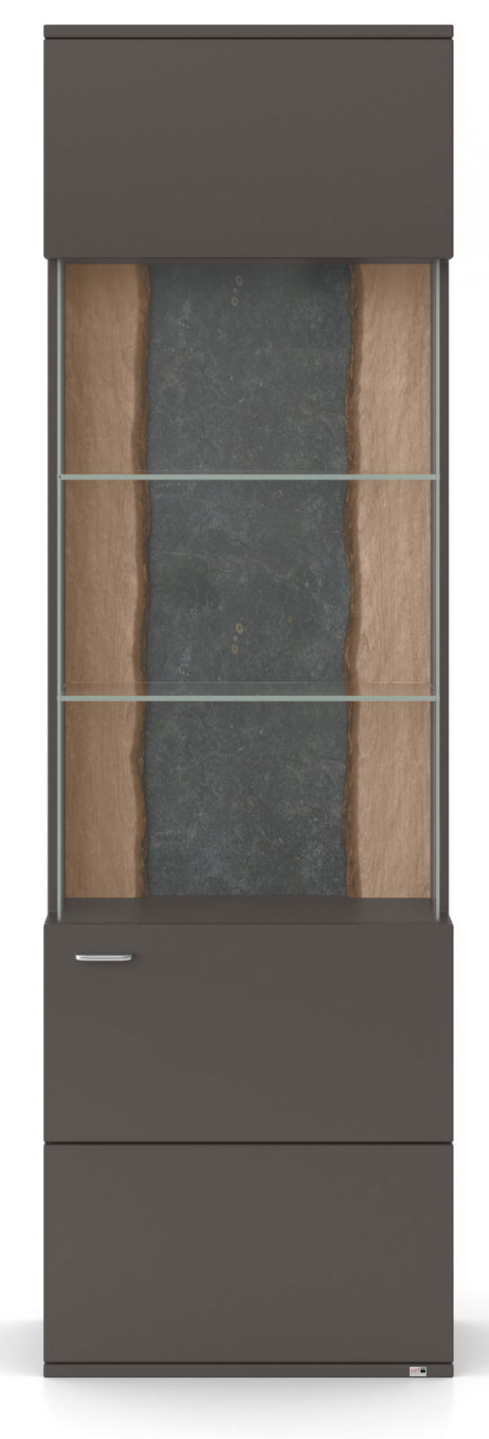 Vitrine in dunklem Holz mit Glasregalen, frontal betrachtet.