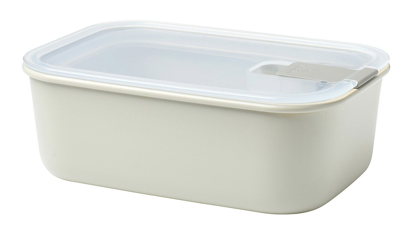 Rechteckige Frischhaltedose mit transparentem Deckel und Easyclip-Verschluss, seitliche Perspektive