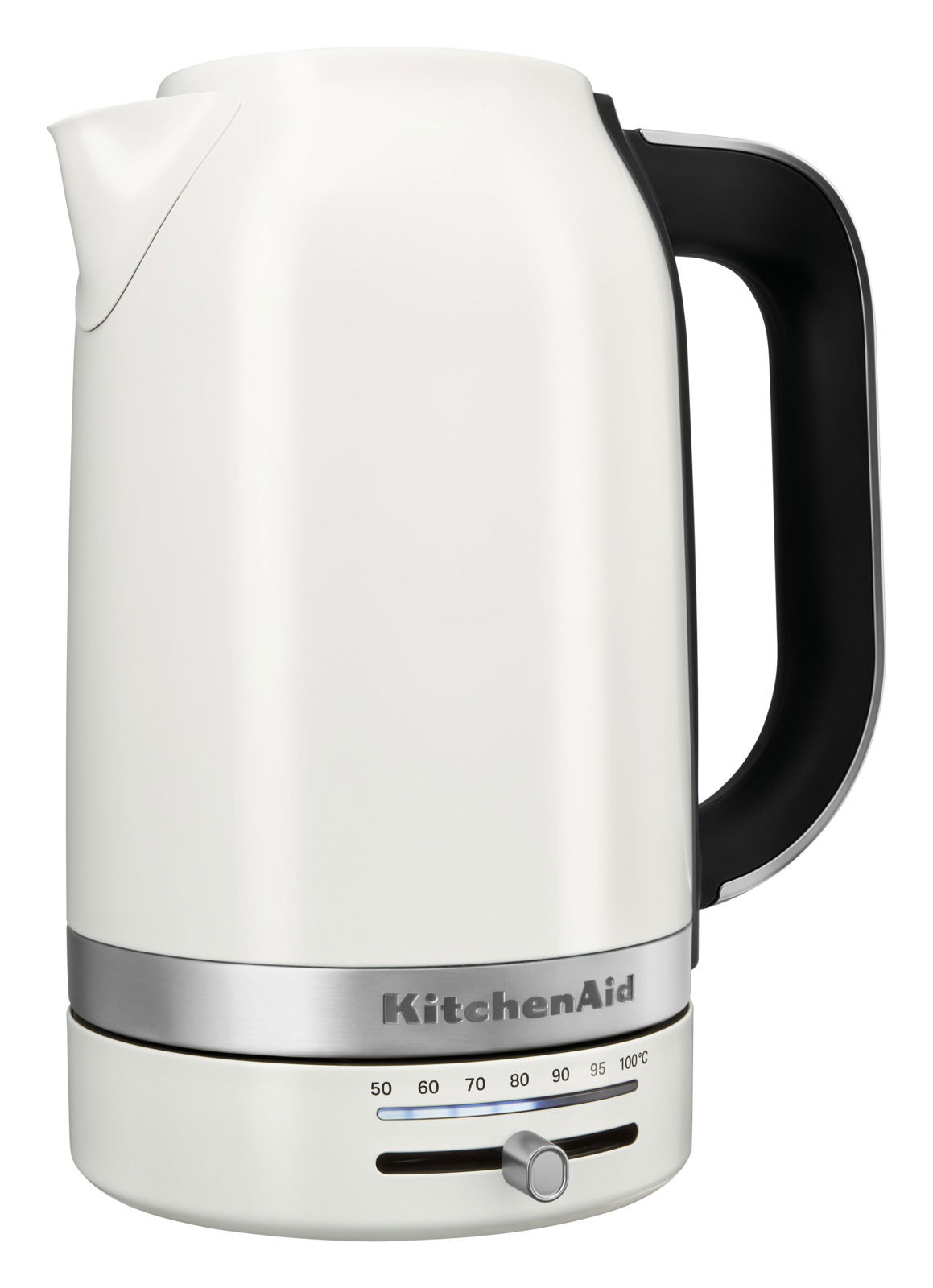 Weißer Wasserkocher mit schwarzem Griff und Temperaturregler, seitliche Perspektive