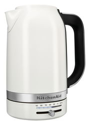 Weißer Wasserkocher mit schwarzem Griff und Temperaturregler, seitliche Perspektive