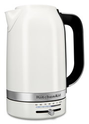 Weißer Wasserkocher mit schwarzem Griff und Temperaturregler, seitliche Perspektive