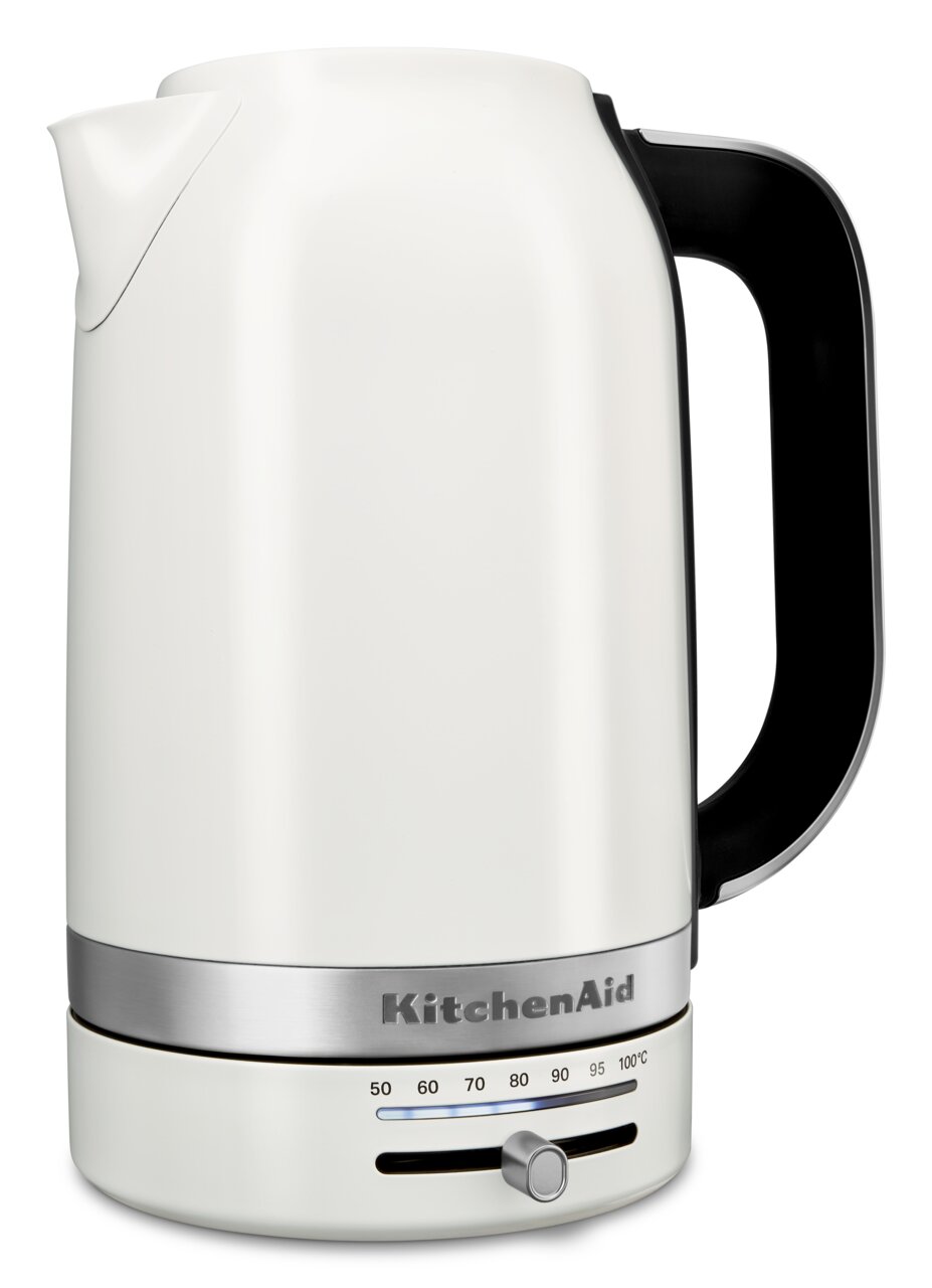 Weißer Wasserkocher mit schwarzem Griff und Temperaturregler, seitliche Perspektive