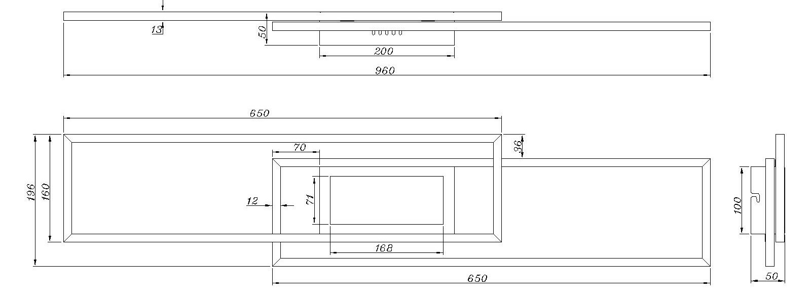 Technische Zeichnung einer rechteckigen Deckenleuchte mit Abmessungen in der Seiten- und Draufsicht.