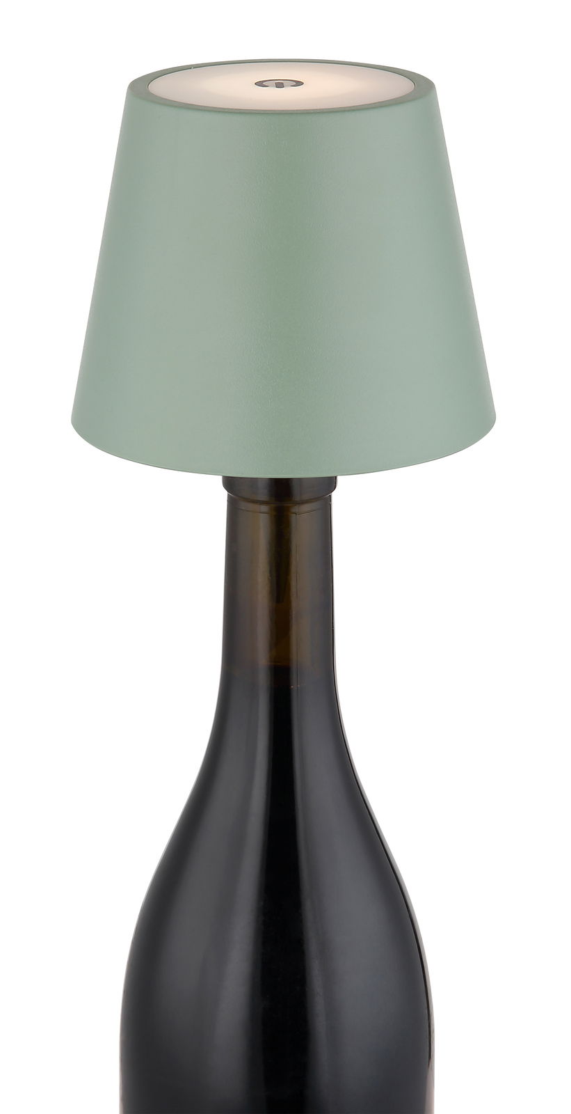 Akku-Tischleuchte VANNIE 3 in Grün auf einer Flasche, seitliche Perspektive