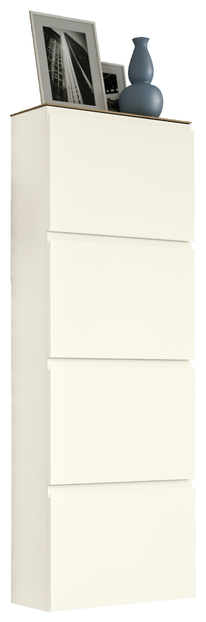 Moderano Hangende schoenenkast LECCO Hängeschuhschrank 4K-T22 in seitlicher Perspektive mit vier Fächern, dekoriert mit einer Vase und gerahmten Bildern auf der Oberseite.