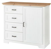 Weiße Kommode mit vier Schubladen und einer Tür, Holzoberfläche, Frontalansicht