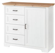 Weiße Kommode mit vier Schubladen und einer Tür, Holzoberfläche, Frontalansicht