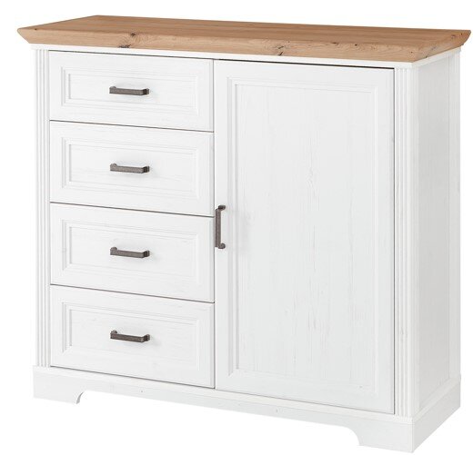 Weiße Kommode mit vier Schubladen und einer Tür, Holzoberfläche, Frontalansicht