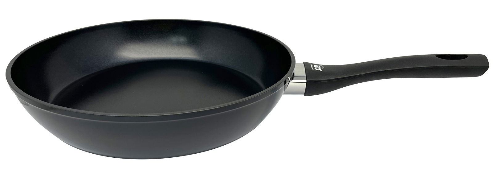 Schwarze Bratpfanne 28cm mit ergonomischem Griff, seitliche Perspektive
