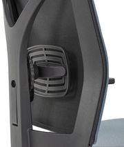 Rückansicht eines Drehstuhls mit ergonomischer Rückenlehne und verstellbarer Lendenwirbelstütze.