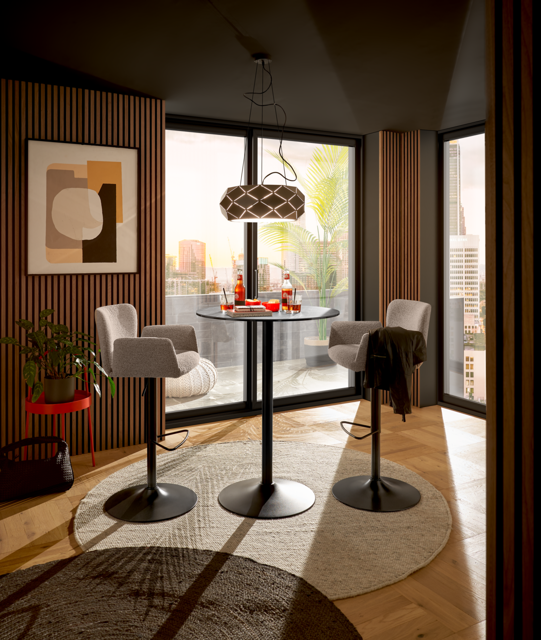 Set one by Musterring Barhocker SET ONE SALINAS Zwei moderne Barhocker aus der Serie Set One by Musterring, Modell SALINAS, in einem stilvollen Wohnzimmer mit großen Fenstern und Holzelementen, aus der Perspektive eines gemütlichen Wohnbereichs betrachtet.