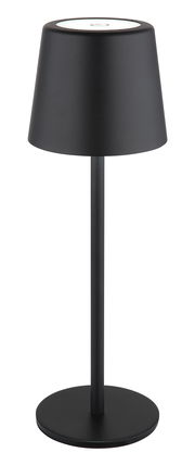 Schwarze Tischleuchte mit modernem, minimalistischem Design, seitliche Perspektive