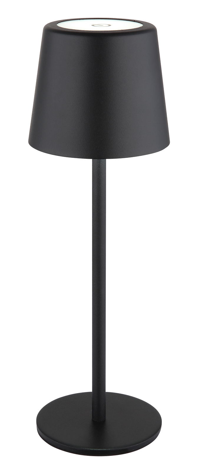 Schwarze Tischleuchte mit modernem, minimalistischem Design, seitliche Perspektive