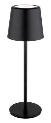 Schwarze Tischleuchte mit modernem, minimalistischem Design, seitliche Perspektive