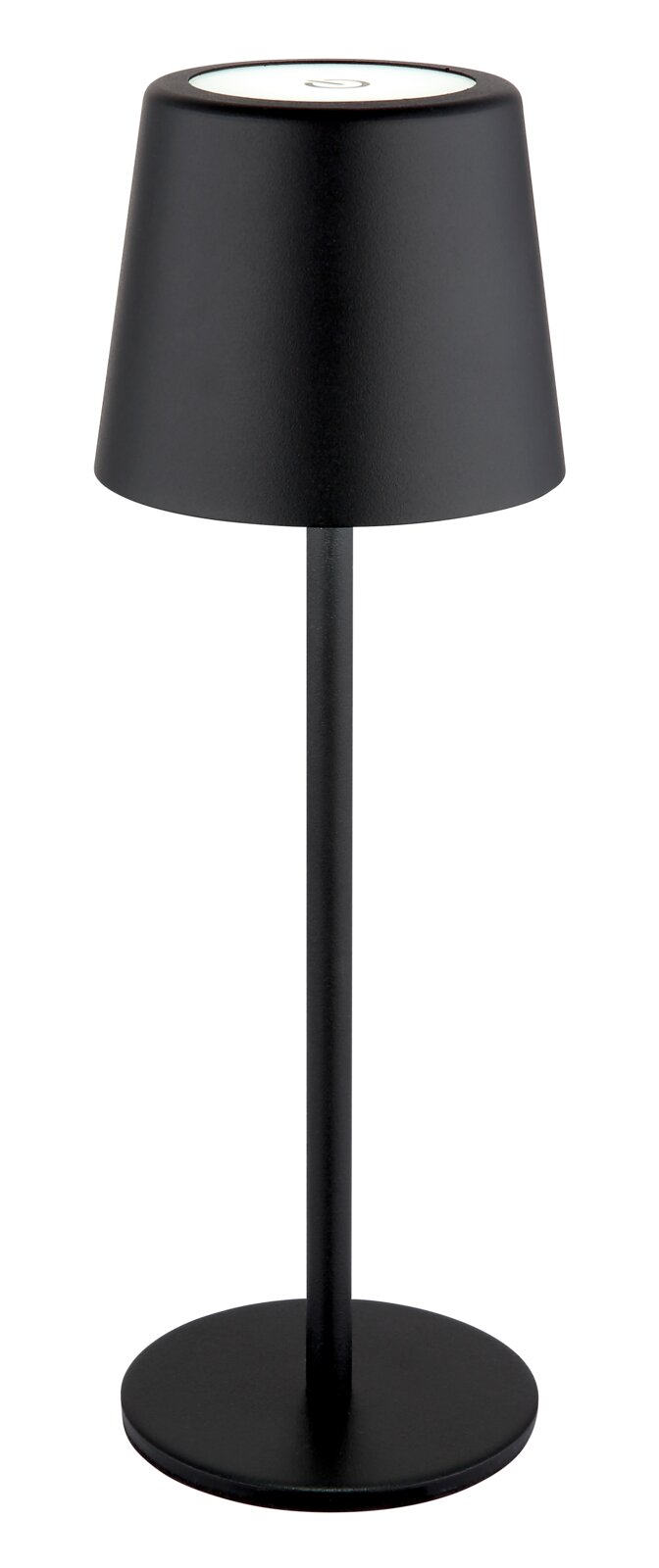 Schwarze Tischleuchte mit modernem, minimalistischem Design, seitliche Perspektive