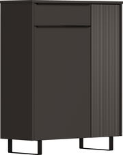 Moderner Schuhschrank in dunklem Design mit geriffelter Tür, seitlicher Perspektive