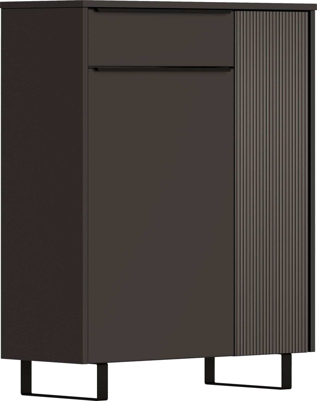 Moderner Schuhschrank in dunklem Design mit geriffelter Tür, seitlicher Perspektive
