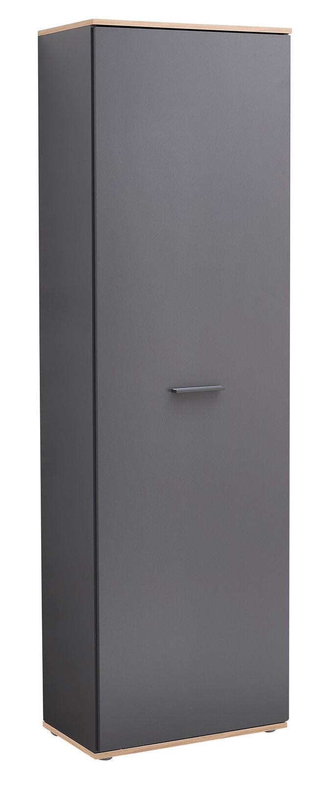 XORA Hochschrank FYNN Moderner Hochschrank in dunklem Grau mit Holzdetails, frontale Perspektive