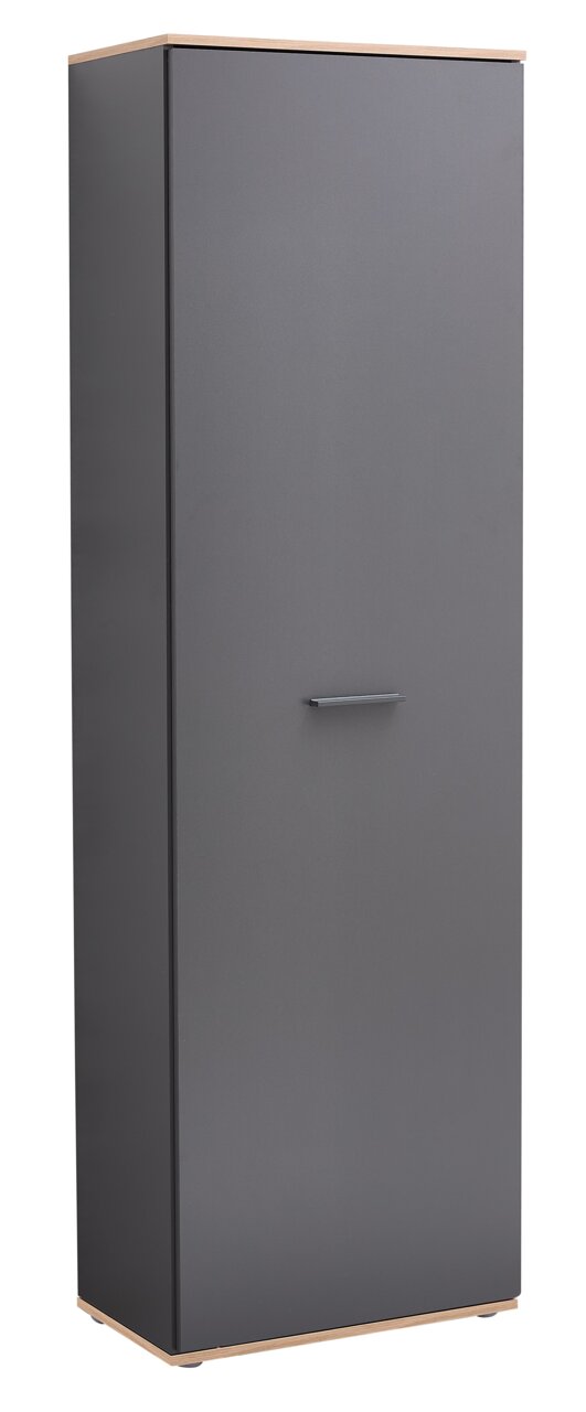 Moderner Hochschrank in dunklem Grau mit Holzdetails, frontale Perspektive