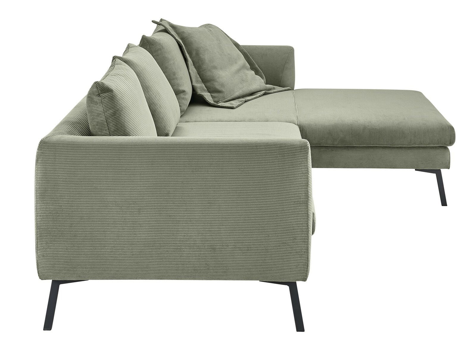 Grünes Ecksofa mit Kissen, seitliche Perspektive