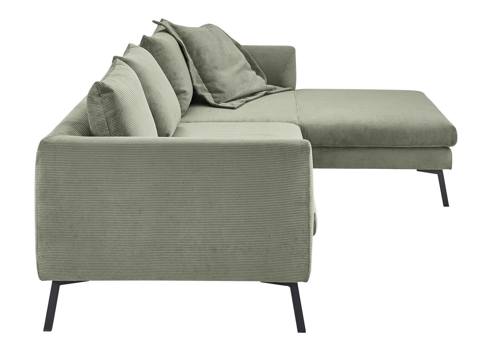 Grünes Ecksofa mit Kissen, seitliche Perspektive