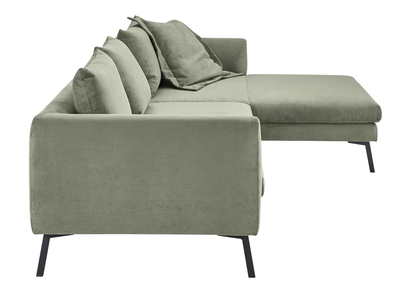 Grünes Ecksofa mit Kissen, seitliche Perspektive