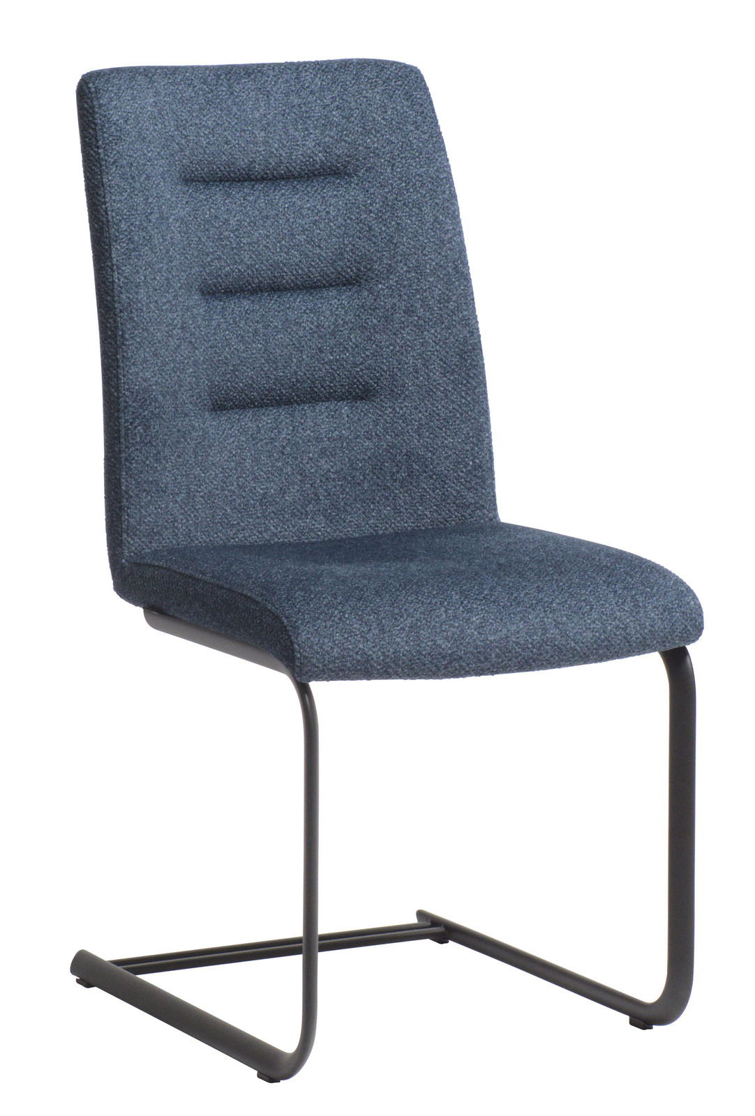 Freischwingerstuhl mit blauem Stoffbezug und schwarzem Metallgestell, seitliche Perspektive
