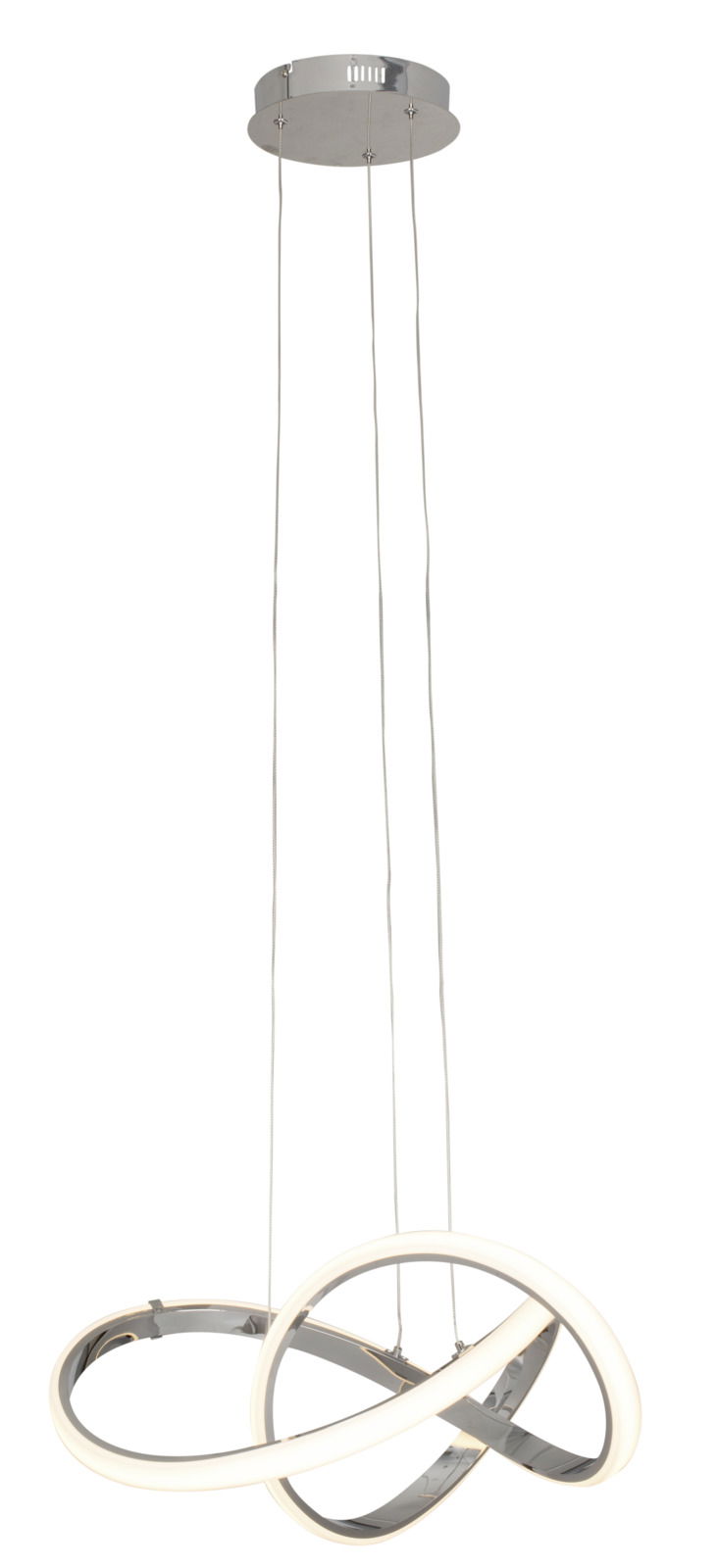 Moderne LED-Pendelleuchte mit geschwungenem Design, seitliche Perspektive