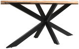 Moderner Esstisch mit schwarzem Metallgestell in X-Form, seitliche Perspektive