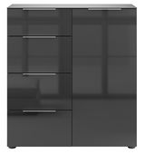 Moderne, dunkelgraue Kommode mit vier Schubladen und einer Tür, frontal abgebildet.