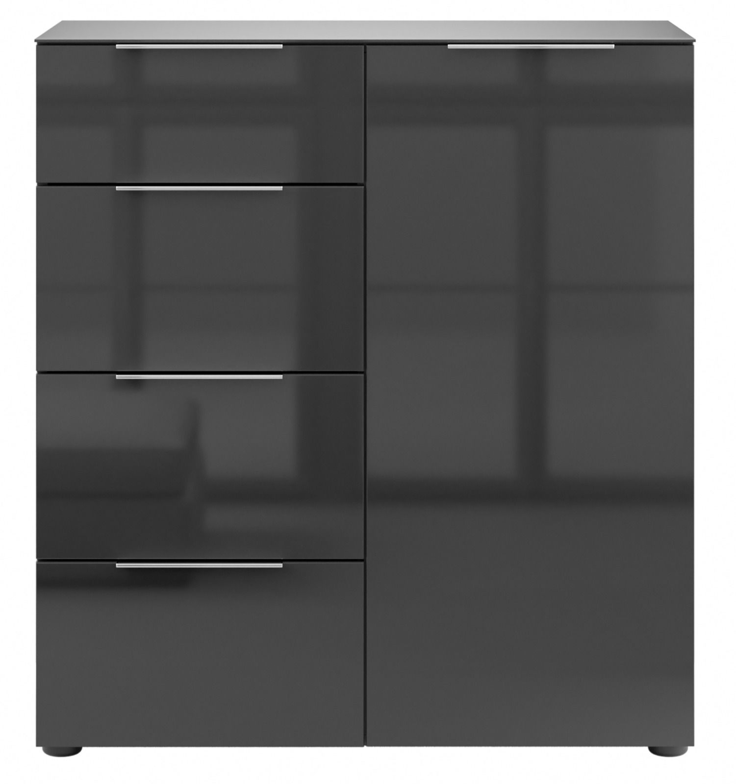 Moderne, dunkelgraue Kommode mit vier Schubladen und einer Tür, frontal abgebildet.